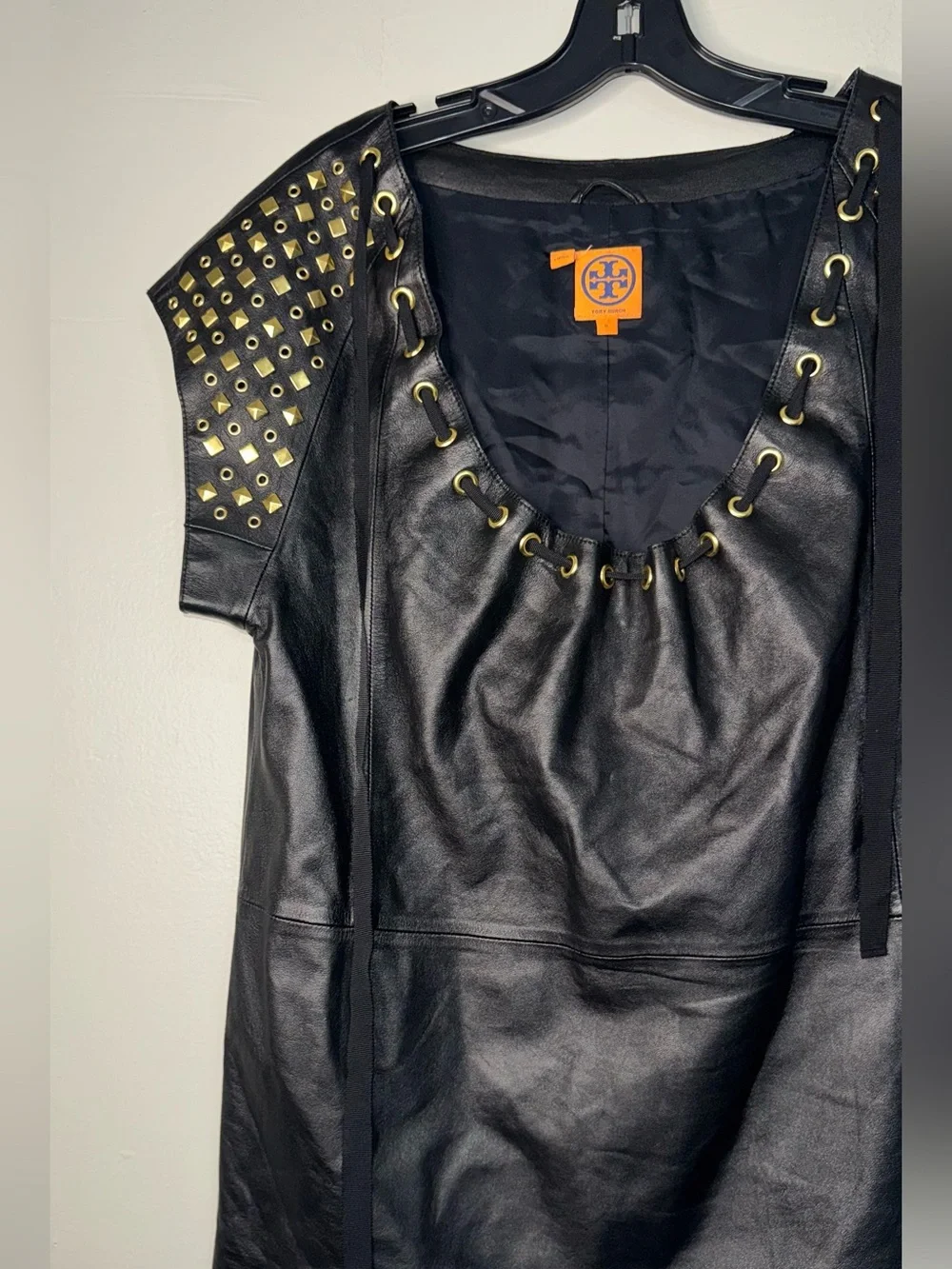 Tory Burch Black Leather Top with Gold Stud Accents